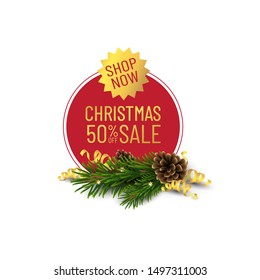 Christmas Sale banner with cone,pine, gold ribbons. Offer tage