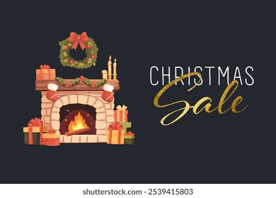 Christmas sale, banner with cozy fireplace. Vector illustration