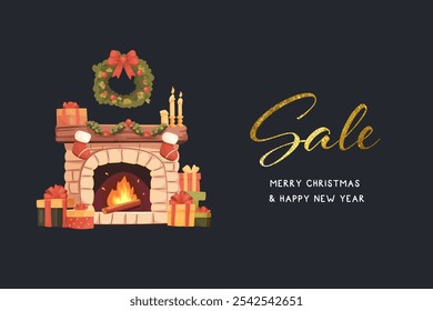 Christmas sale, banner with cozy illustration. Vector illustration