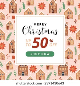 Christmas sale banner with cute gingerbread houses. Seasonal winter design. Cute vector illustration in flat cartoon style