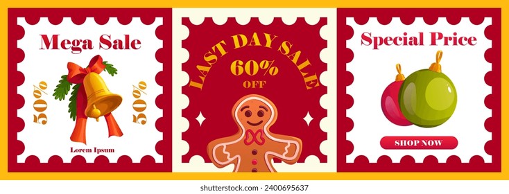 Christmas Sale Banner with Cute Gingerbread Man, Christmas Bells and Ball. Seasonal Winter Design for Social Media Post, Sale, Frame, Card, Banner, Web Advertising. Vector Cartoon Illustration.