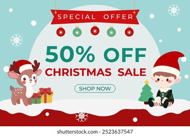 Christmas Sale Banner with Cute Reindeer and Elf Characters. Festive 50% Off Christmas Promotion with Reindeer and Elf. Winter Wonderland Christmas Sale Ad Featuring Reindeer and Elf