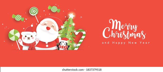 Christmas sale banner with a cute Santa clasue and friends in paper cut style.