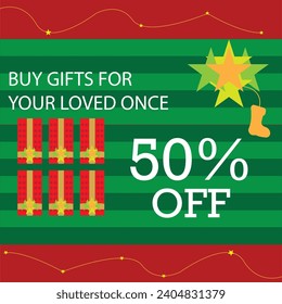 Christmas sale banner december sale template Santa Claus Christmas hanging socks decoration.