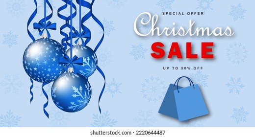 Christmas sale banner with decoration  balls and ribbons. Christmas decoration on a blue snowflakes background. Festive design for the winter holidays, events, discounts and sales. Vector illustration