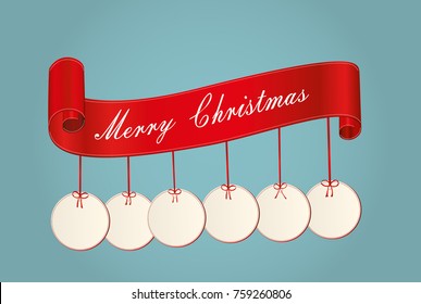 Christmas sale banner with Christmas decorations. Decorative red ribbons. Vector. For a holiday or a party.