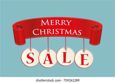 Christmas sale banner with Christmas decorations. Decorative red ribbons. Vector. For a holiday or a party