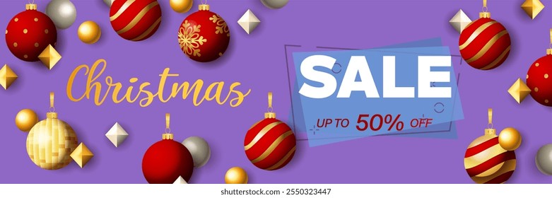 Christmas Sale banner design with 50 percent discount. Festive decoration on purple background. Vector illustration for advertising design, flyer and poster templates