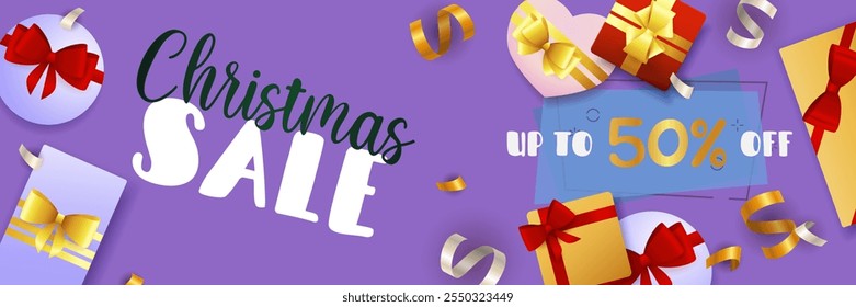 Christmas Sale banner design with 50 percent off, streamer and gift boxes on purple background. Vector illustration for advertising design, flyer and poster templates