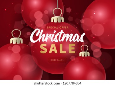 Christmas sale banner design with bauble decorations background. Vector illustration
