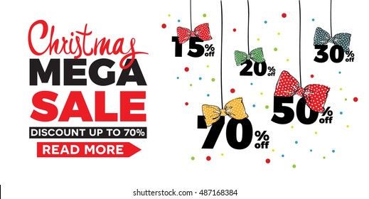 Christmas sale banner design. Beautiful attractive bows on Up to 30% 15% 20% 50% 70% off