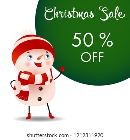 Christmas sale banner design with cute cartoon snowman. Creative lettering with cute cartoon character of snowman. Can be used for special offer fliers, shopping, discount coupons, advertisements