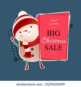 Christmas Sale banner design with cute snowman and sample text. Lettering with cartoon snowman in hat and scarf with sample text on abstract background. Can be used for sales, discounts, shops