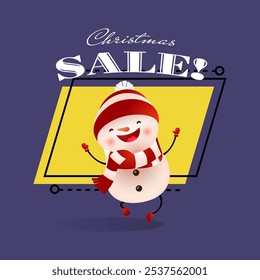 Christmas Sale banner design with dancing snowman. Inscription in retro style with dancing snowman in hat and scarf on absract background. Can be used for shopping, sales
