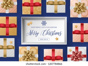 Christmas sale banner design with gift boxes top view background. Vector illustration