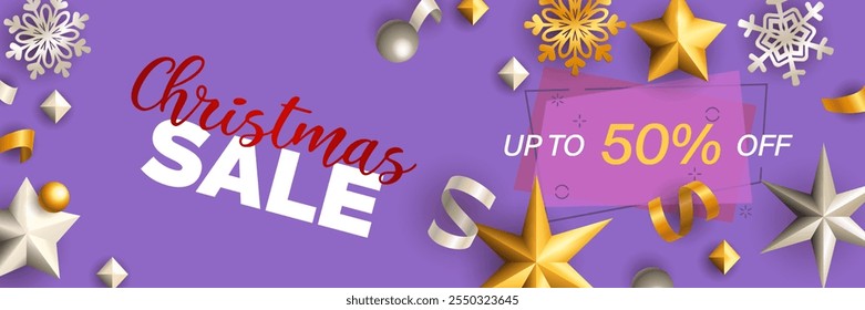 Christmas Sale banner design. Gold and silver baubles, stars, streamer, snowflakes on purple background. Vector illustration for advertising design, flyer and poster templates