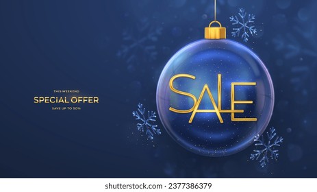 Christmas sale banner design. Golden metallic Sale letters in a transparent glass ball. Shining showflakes, confetti. New Year Xmas blue background. Advertising poster, flyer. Vector illustration.