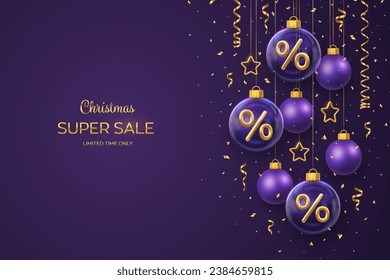 Christmas sale banner design. Golden 3D Percentage symbol in a transparent glass ball. Purple background with hanging gold stars, balls, falling confetti. Advertising poster flyer. Vector illustration