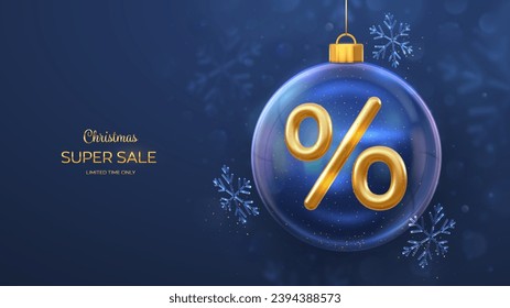 Christmas sale banner design. Golden 3D Percentage symbol in a transparent glass ball. Blue background with shining ice showflakes, glitter confetti. Advertising poster, flyer. Vector illustration.