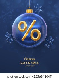 Christmas sale banner design. Golden 3D Percentage symbol inside a transparent glass ball. Blue background with shining ice showflakes, glitter confetti. Advertising poster, flyer. Vector illustration