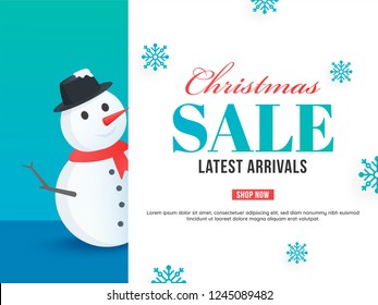 Christmas sale banner design with illustration of snowman on snowflake decorated background.