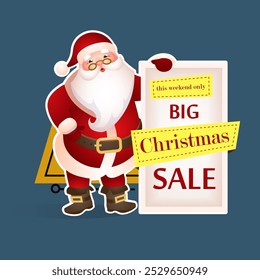 Christmas Sale banner design with Santa Claus and sample text. Santa Claus announcing This weekend only big Christmas sale. Can be used for shops, sales, discounts