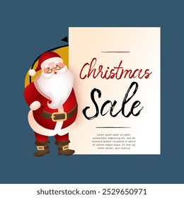 Christmas Sale banner design with Santa Claus and sample text. Lettering with cartoon Santa Claus with sample text. Can be used for sales, discounts, shops