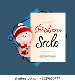 Christmas Sale banner design with snowman and sample text. Funny snowman in hat and scarf announcing about sale. Can be used for shops, sales, discounts