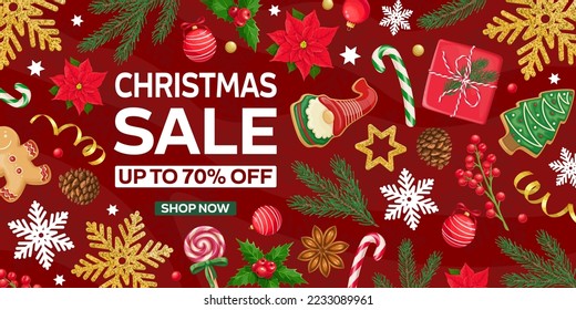 Christmas sale, banner design template vector illustration. Cartoon Xmas gifts and gingerbread cookies, gold stars and snowflakes, candy and balls of Christmas Tree in flyer with discount offer