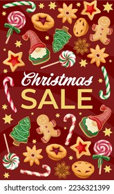 Christmas sale banner design template vector illustration. Cartoon Xmas sweet food in promotion leaflet poster, pattern with treat gifts, gingerbread cookies and sugar candy and Christmas sale text