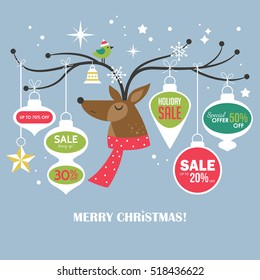 Christmas sale banner design template with cute deer. Vector illustration for social media promotions, newsletter and ads
