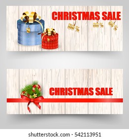 Christmas Sale banner design template with price tags, present box, candy cane, fir branch, candy cane, golden star, red ribbon bow  on white wooden texture background. Vector Illustration.