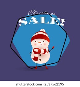 Christmas Sale banner design with winking snowman. Inscription in retro style with cute snowman on abstract background. Can be used for discounts, shops, sales