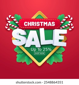 Christmas Sale Banner with discount up to 25% off. Shop Now. Vector Illustration. 