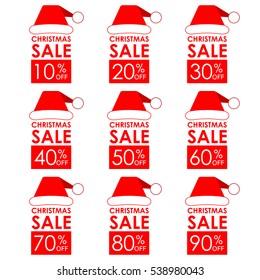 Christmas sale banner and discount set with Santa Claus hat. 10,20,30,40,50,60,70,80,90% price off. Vector illustration.