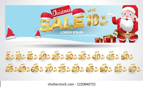 Christmas Sale Banner with discount tag 10,20,30,40,50,60,70,80,90,99 percent