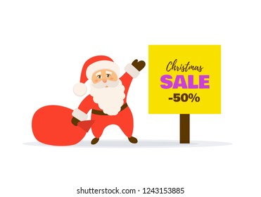 Christmas Sale banner. Discount Vector  illustration. Santa Claus with signboard. Vector