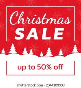 Christmas sale banner. Discount Xmas card, promotion poster, flyer design. Winter landscape with fir trees and snowflake background. Vector illustration.