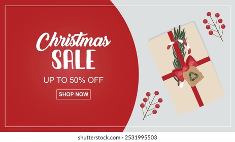 Christmas Sale Banner with Eco-Friendly Gift Box. Website banner for holiday sales events. Eco-friendly Christmas theme. Sustainable christmas sale. Vector illustration