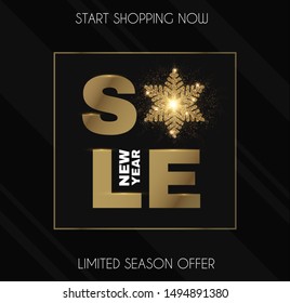 Christmas Sale banner. Elegant design template with gold shining snowflake.