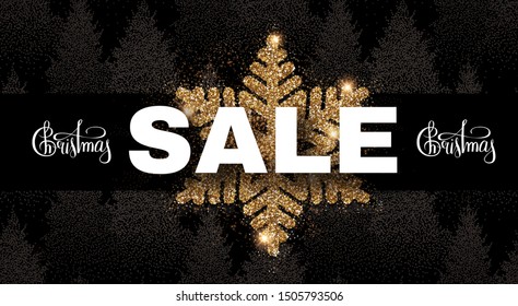 Christmas Sale banner. Elegant design template with gold shining snowflake and winter forest background.