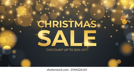 Christmas Sale banner. Festive commercial background for shopping activities and holiday sales promotion. Bright bokeh lights and glittering sparks. Vector illustration.