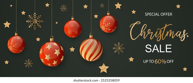 Christmas sale banner with festive ornaments and fir branches