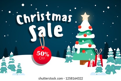 Christmas sale banner with fir tree and gifts on winter landscape background