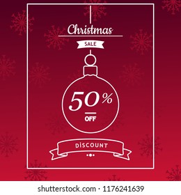 Christmas sale banner, flyer, card template design on red background with snowflakes