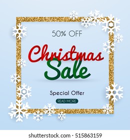 Christmas sale banner in a frame of gold glitter with snowflakes. Poster, Flyer. Blurred background. Vector illustration.
