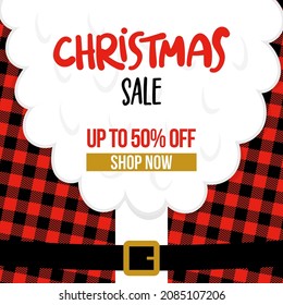 Christmas Sale - banner with free copy space. Xmas sale. Santa Claus message banner. Red Santa Claus suit, leather belt with gold buckle, white beard, concept for Christmas advertising.