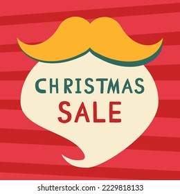 Christmas Sale - banner with free copy space design. Xmas sale. Santa Claus hipster character white beard on red background as message poster. New Year celebration advertising, season special offer.