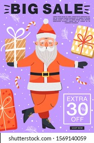Christmas sale banner. Funny Santa Claus character with gifts. Design for invitation, website, poster, banner, coupons etc. Vector.