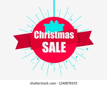 Christmas sale banner with gift box and ribbon isolated on white background. Vector illustration